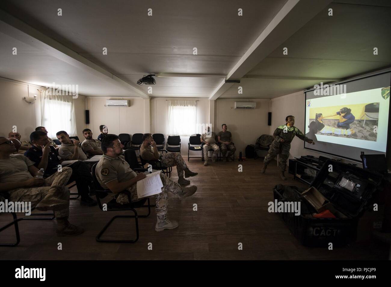 U.S. Army Capt Stacey Suttles, a physician assistant assigned to the 404th Civil Affairs Battalion, Airborne, leads a block of instruction during the combat lifesaver skills course at the Base Militare Italiana di Supporto, Djibouti, July 20, 2018. The joint-coalition force CLS training provided an opportunity to teach new combat life saving procedures, while strengthening operational capabilities between both nations. Stock Photo