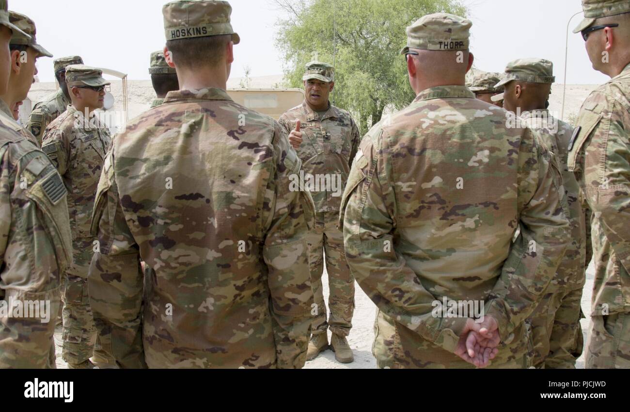 U.S. Army Lt. Gen. Michael X. Garrett, U.S. Army Central commanding general, speaks with Soldiers assigned to 3rd Battalion, 2nd Air Defense Artillery Regiment, 31st Air Defense Artillery Brigade during a unit visit, July 22, 2018. Lt. Gen. Garrett spoke to the Soldiers about the importance of physical fitness, and encouraged them to contact him personally with any questions or comments. Stock Photo