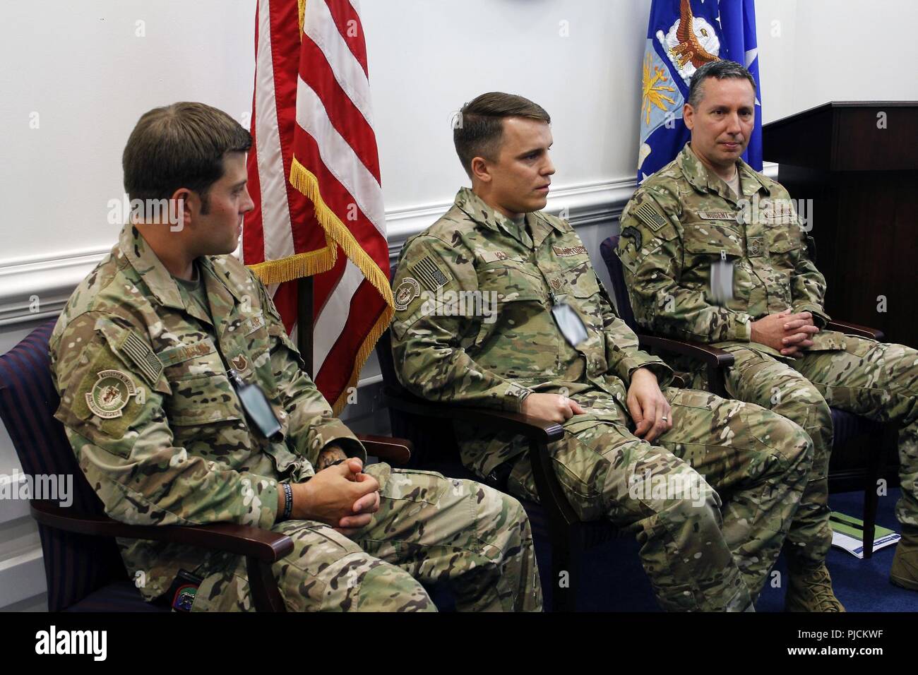 From left to right) Tech. Sgt. Dan Hampton, Tech Sgt. Paul Klar, both  Tactical Air Control Party – Joint Terminal Attack Controller  instructors/evaluators, 7th Air Support Operations Squadron, and Chief  Master Sgt.