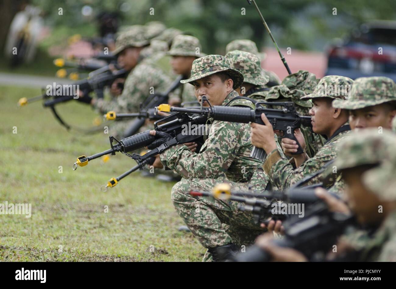 A Soldier With The 15th Royal Malay Regiment Prepare To Simulate Jungle Movements During Exercise Keris Strike July 24 2018 Camp Senawang Malaysia Malaysian Soldiers Were Demonstrating Their Jungle Tactics In Preparation