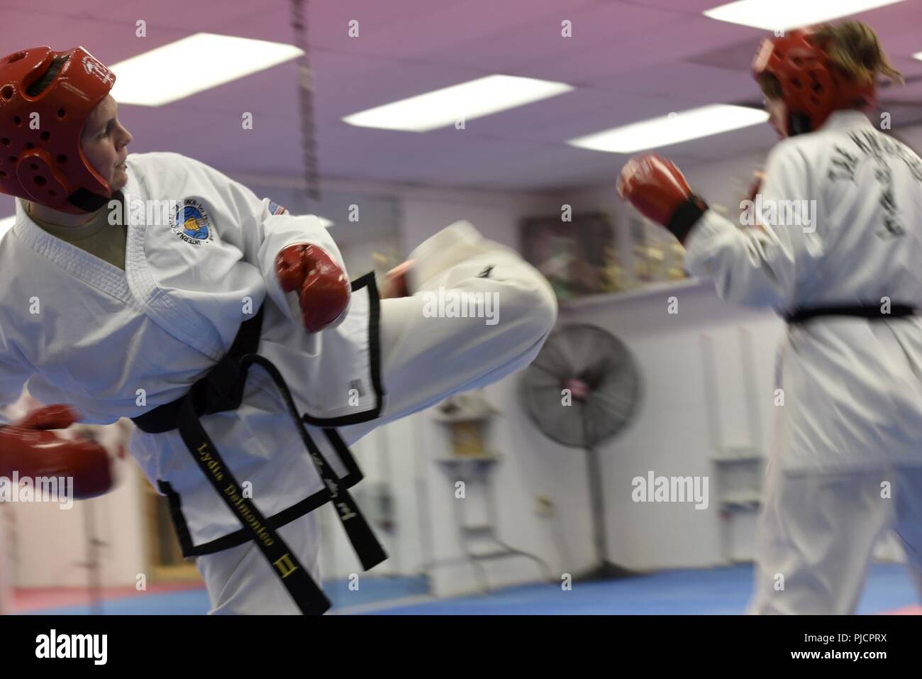 1st Class Lydia Delmonico, an information technology specialist assigned to the 180th Fighter Wing, Ohio Air National Guard, trains for the International Taekwondo Federation World Championships by sparring against a teammate at Great Lakes Global Taekwondo in Sylvania, Ohio, July 11,2018. The ITF World Championships take place from July 31through Aug. 5 in Buenos Aires, Argentina and includes 28 other nations. Stock Photo