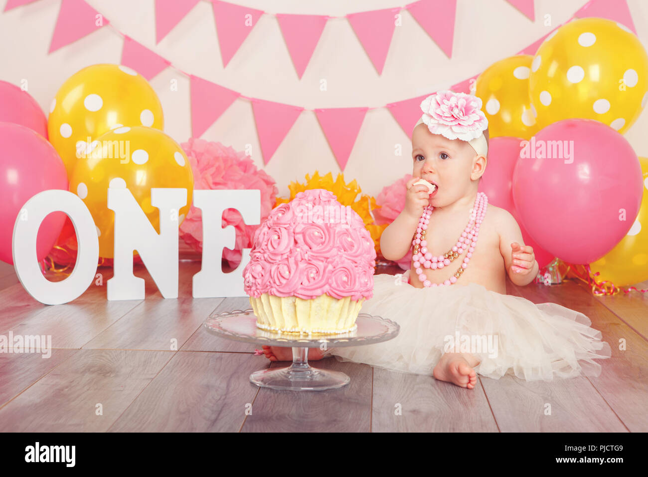 Portrait of cute adorable Caucasian baby girl in tutu tulle skirt celebrating her first birthday. Cake smash concept. Child kid sitting on floor in st Stock Photo