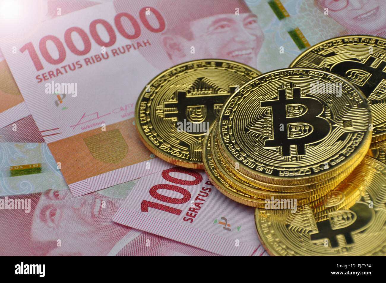 Bitcoin and Indonesia Rupiah Stock Photo