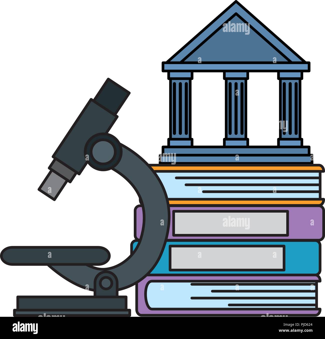 pile text books with microscope and library building vector ...