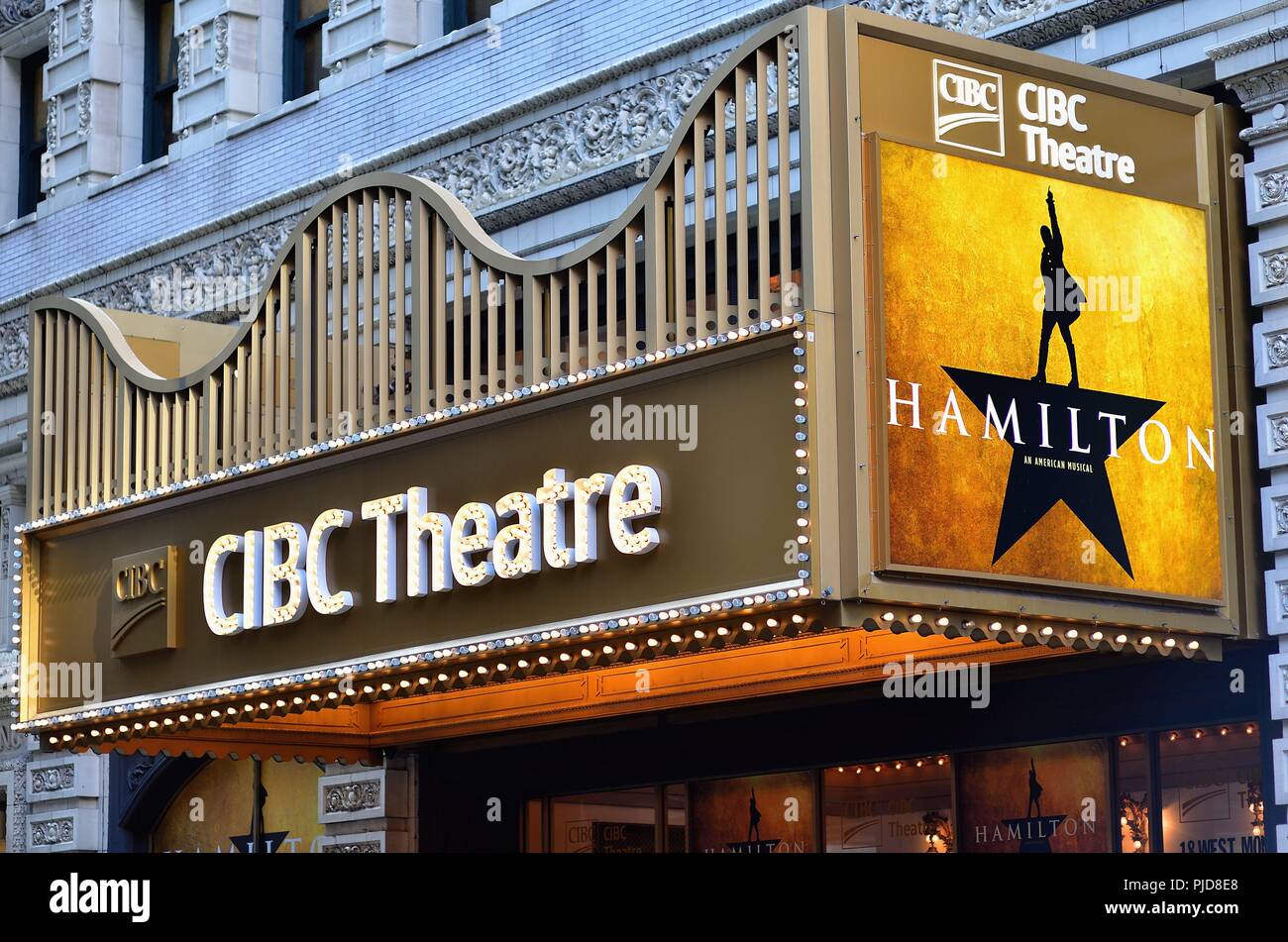 Chicago, Illinois, USA. The CIBC Theatre Monroe Street in the Loop, downtown Chicago. The venue opened in 1906 as the Majestic Theatre. Stock Photo