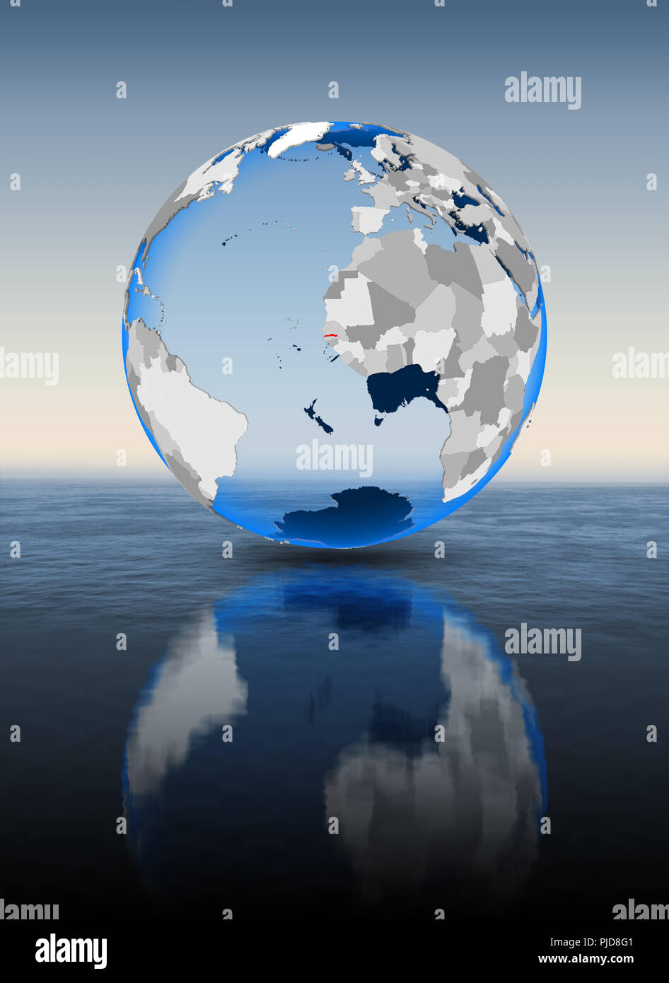 Gambia In red on globe floating in water. 3D illustration Stock Photo ...