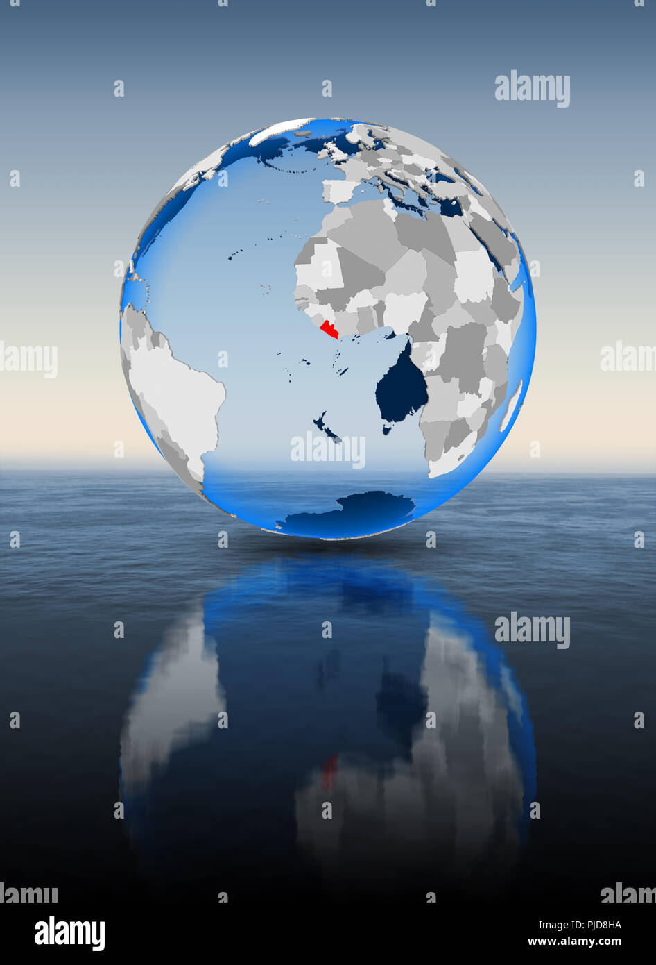 Liberia In red on globe floating in water. 3D illustration Stock Photo ...