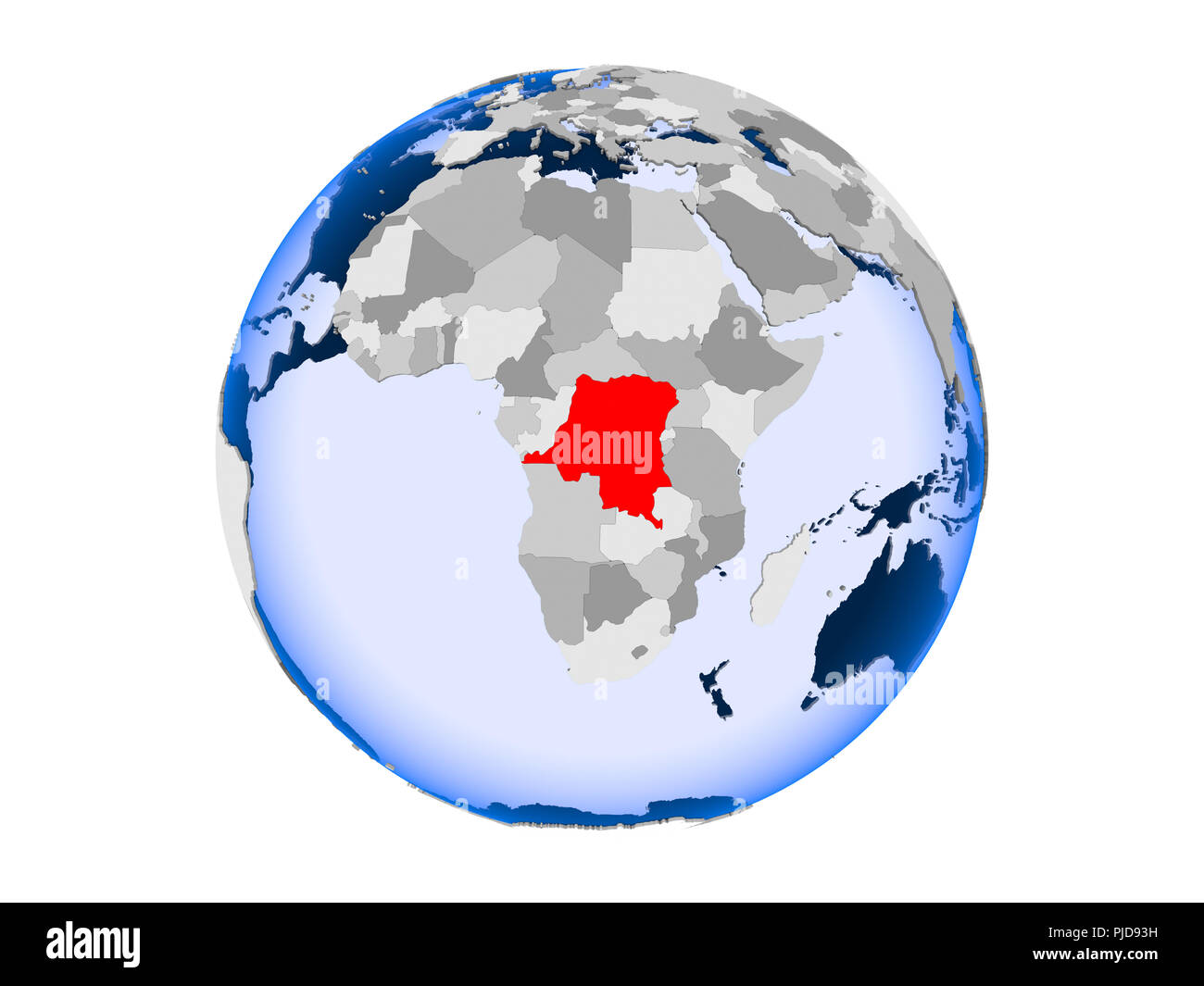 Democratic Republic of Congo highlighted in red on political globe with ...