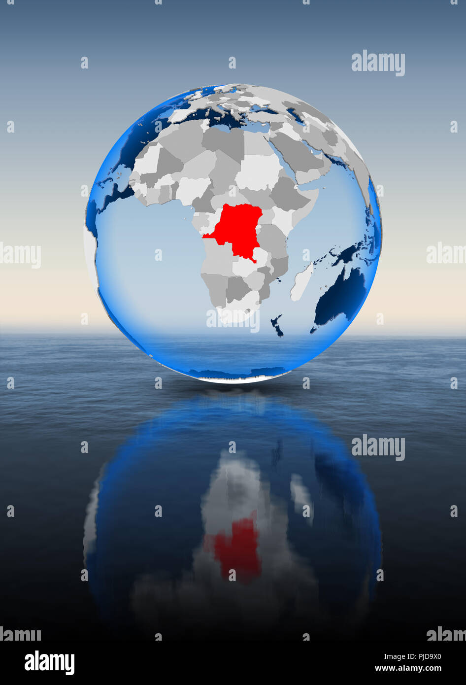 Democratic Republic of Congo In red on globe floating in water. 3D ...