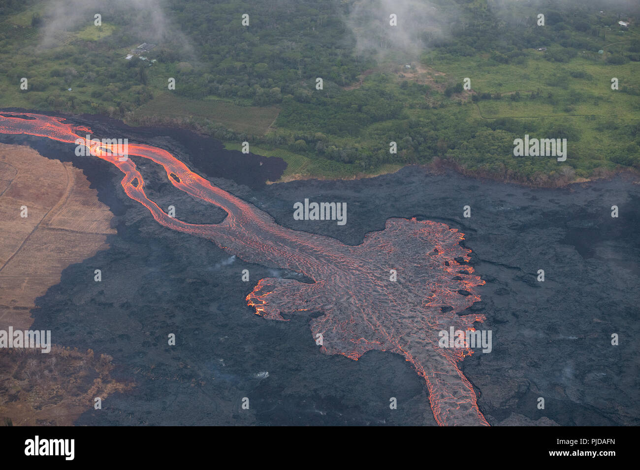 aerial view of river of lava flowing through agricultural lots in