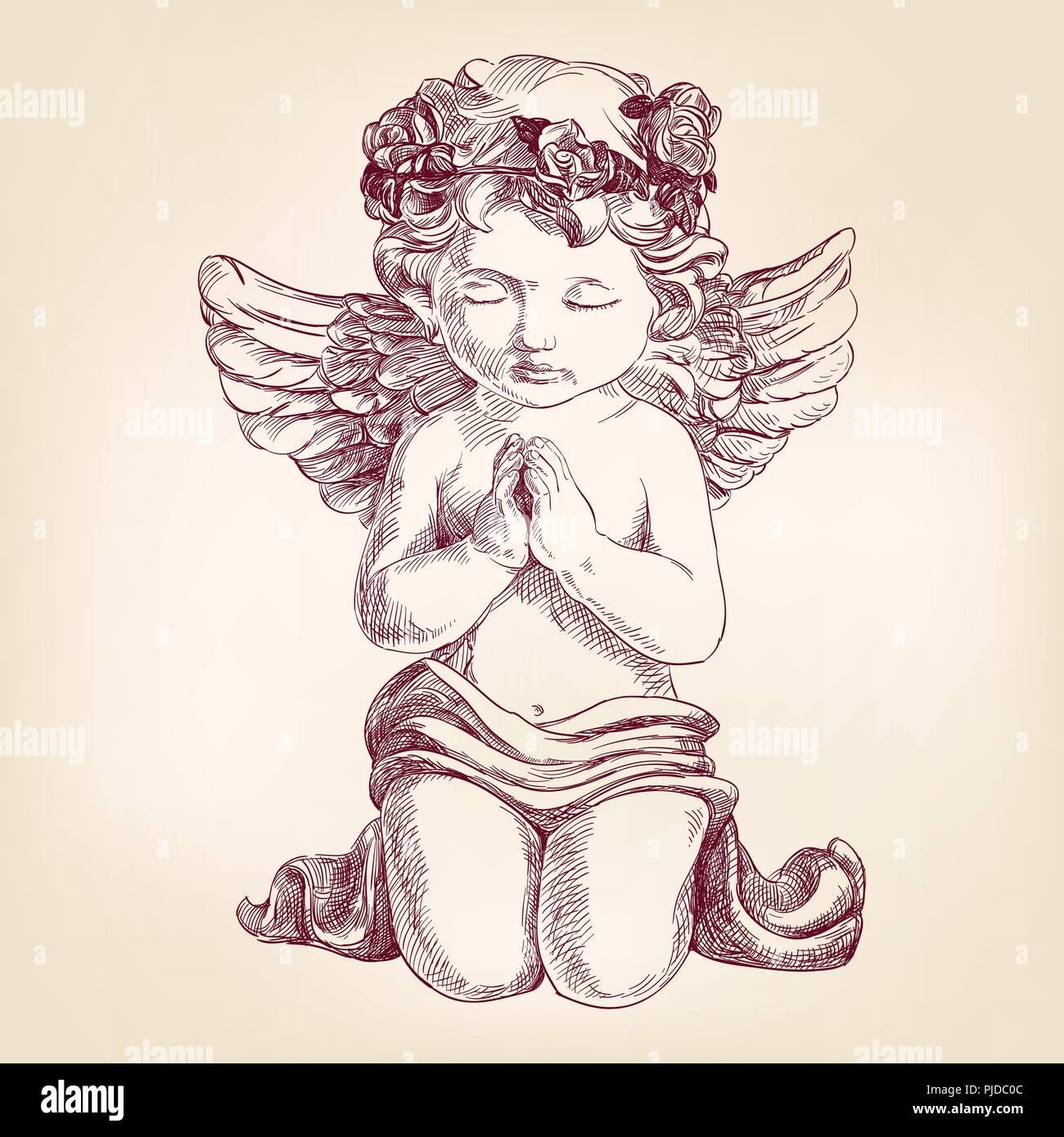 angel prays on his knees hand drawn vector illustration  realistic  sketch Stock Vector