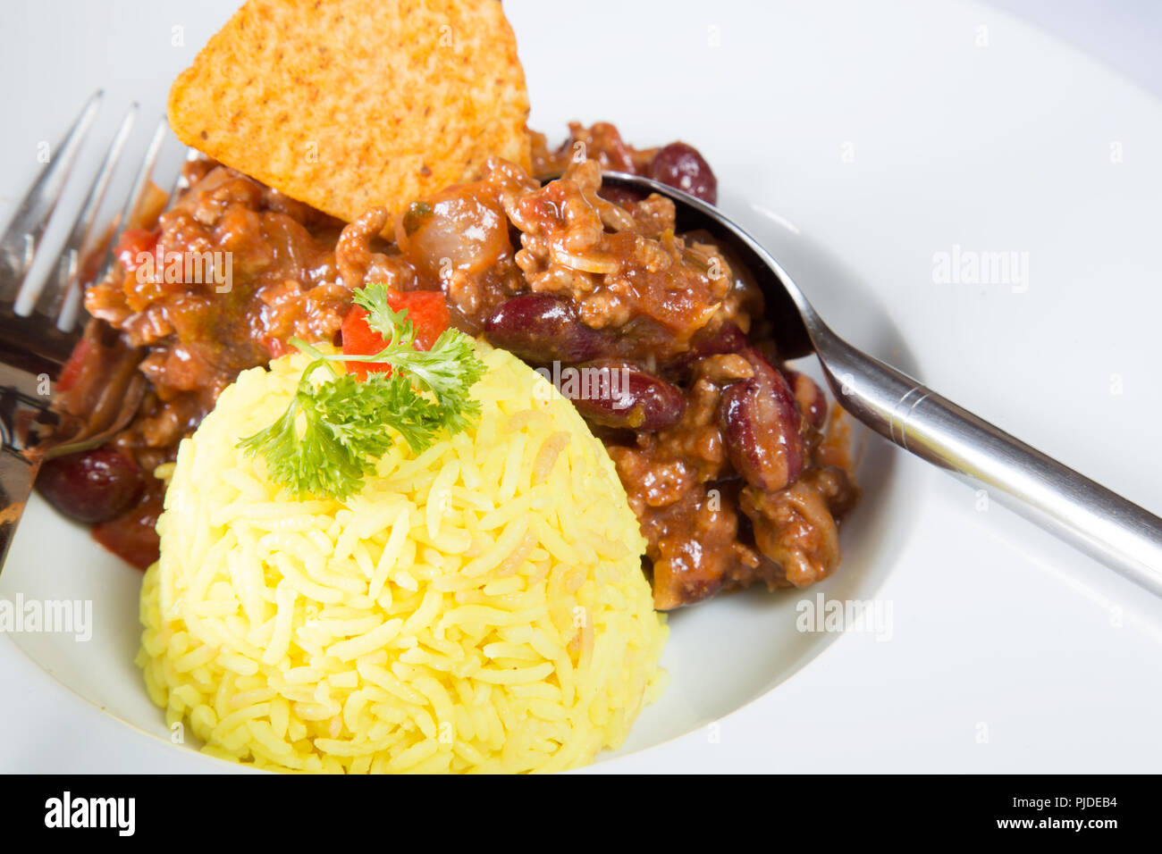 An English pub/restaurant dish of Chili con Carne with a cheesy Dorito