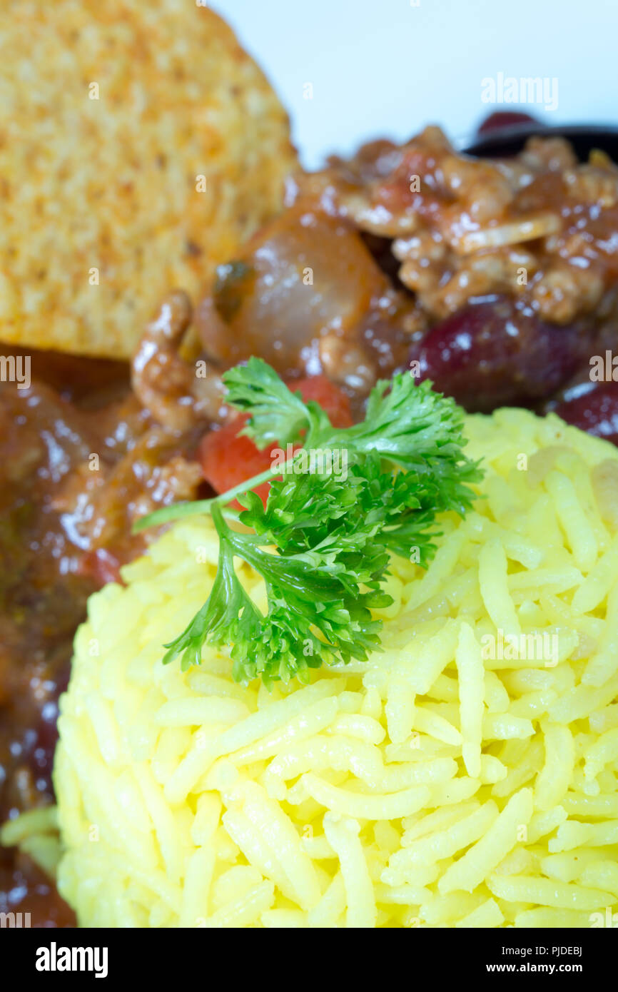 An English pub/restaurant dish of Chili con Carne with a cheesy Dorito