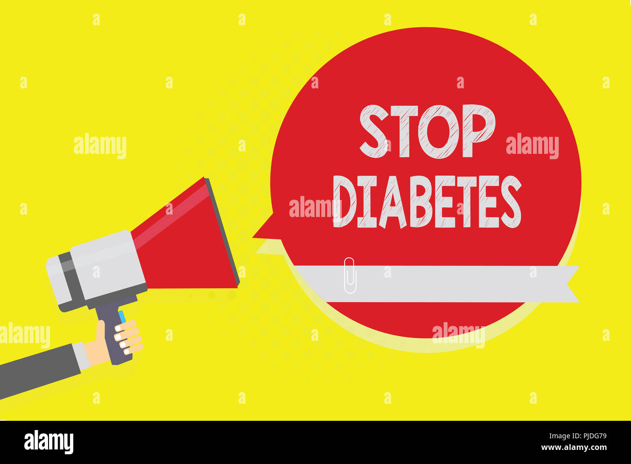 Handwriting text Stop Diabetes. Concept meaning Blood Sugar Level is higher than normal Inject Insulin Man holding megaphone loudspeaker red speech bu Stock Photo
