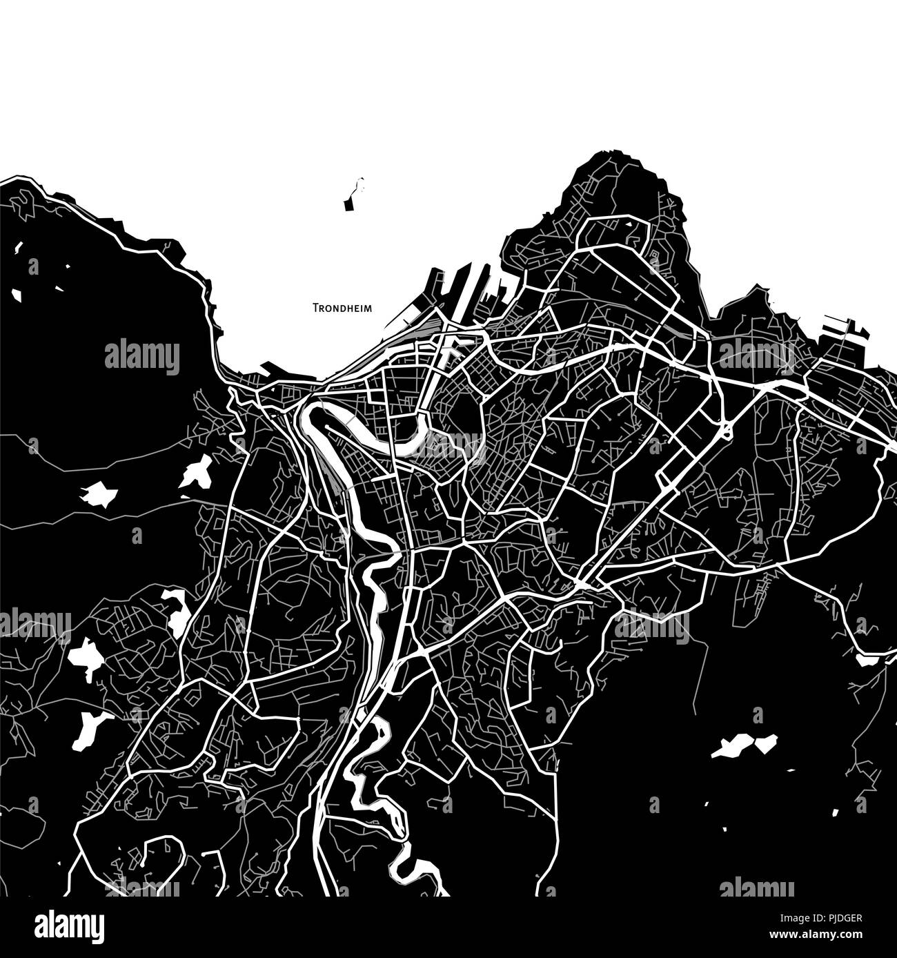 Area map of Trondheim, Norway. Dark background version for infographic ...