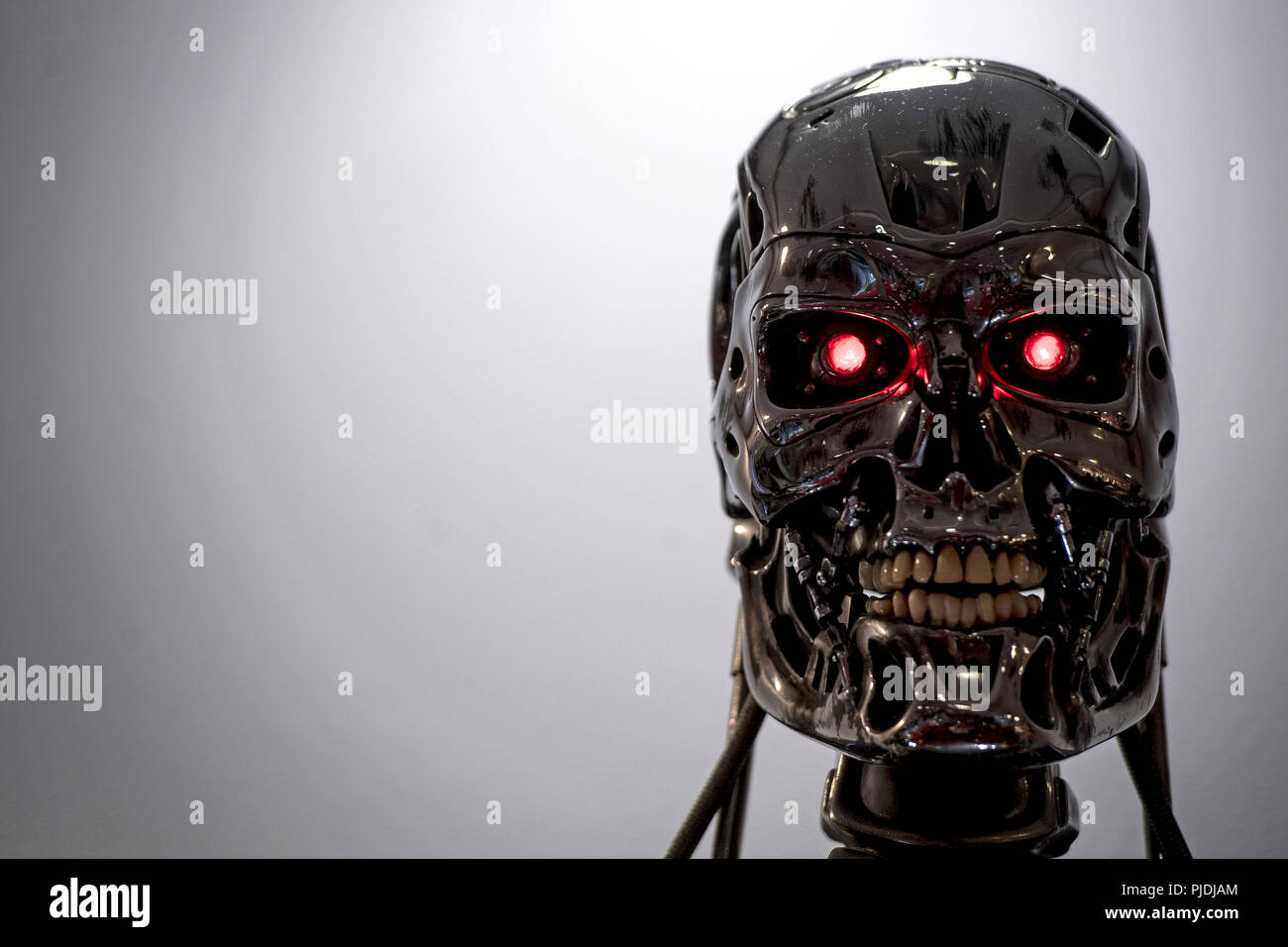 A T-800 Endoskeleton used in Terminator 2: Judgement Day (1991) at the Prop  Store film memorabilia exhibition at the BFI IMAX at Waterloo in central  London Stock Photo - Alamy