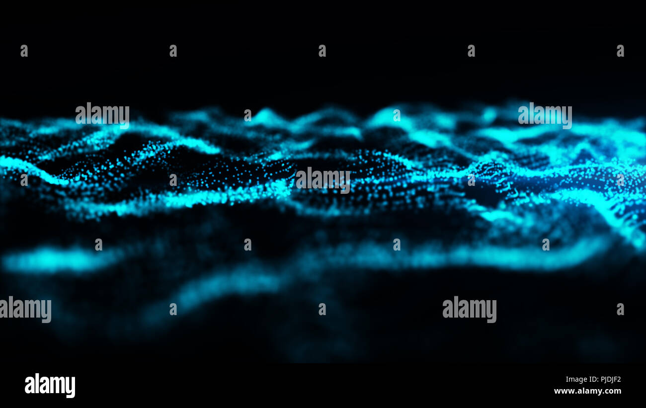 Digital blue color sparkling wave particles flow abstract background ...