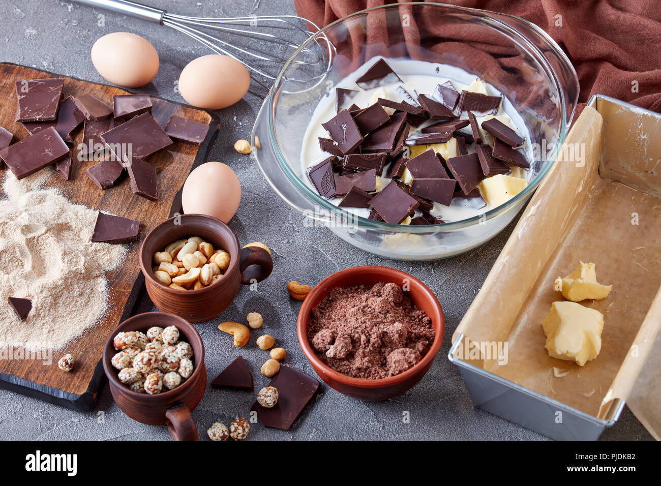 making chocolate pound cake from buckwheat flour, eggs, dark chocolate