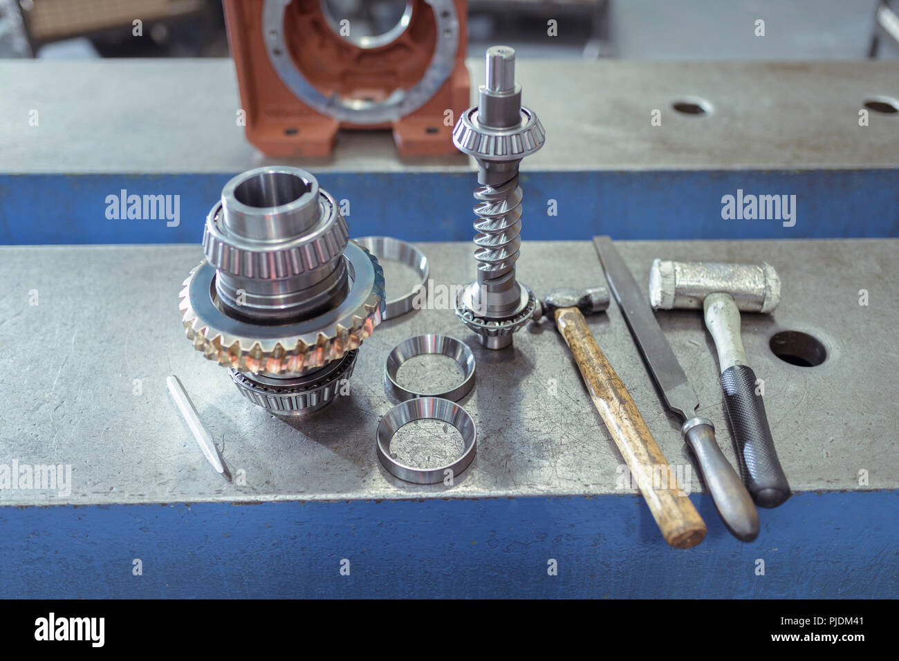 Parts and tools in gearbox factory Stock Photo