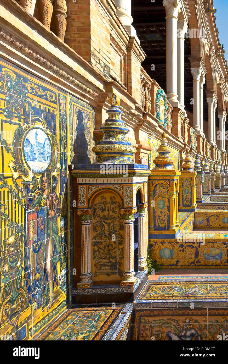 Regional Benches and Tile Work at Plaza de Espana, Seville, Spain Stock Photo