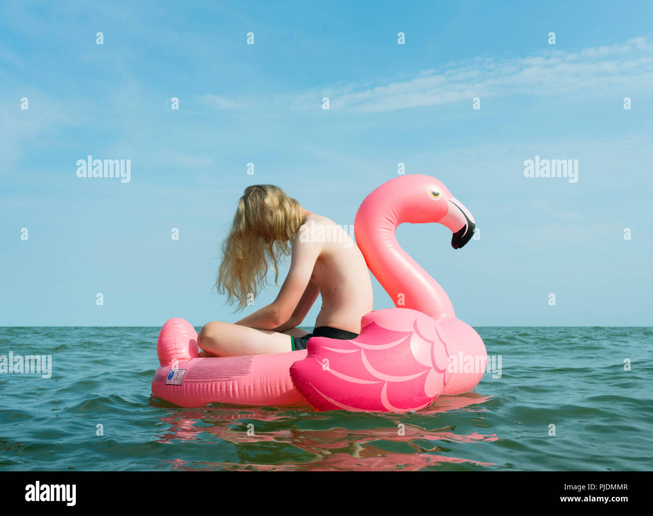 Boy on inflatable flamingo at sea Stock Photo
