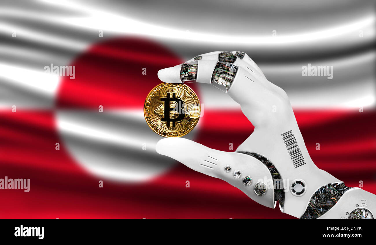crypto currency bitcoin in the robot's hand, the concept of artificial