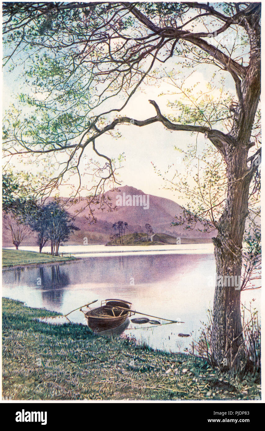 A coloured illustration of Grasmere scanned at high resolution from a book printed in 1929. Stock Photo