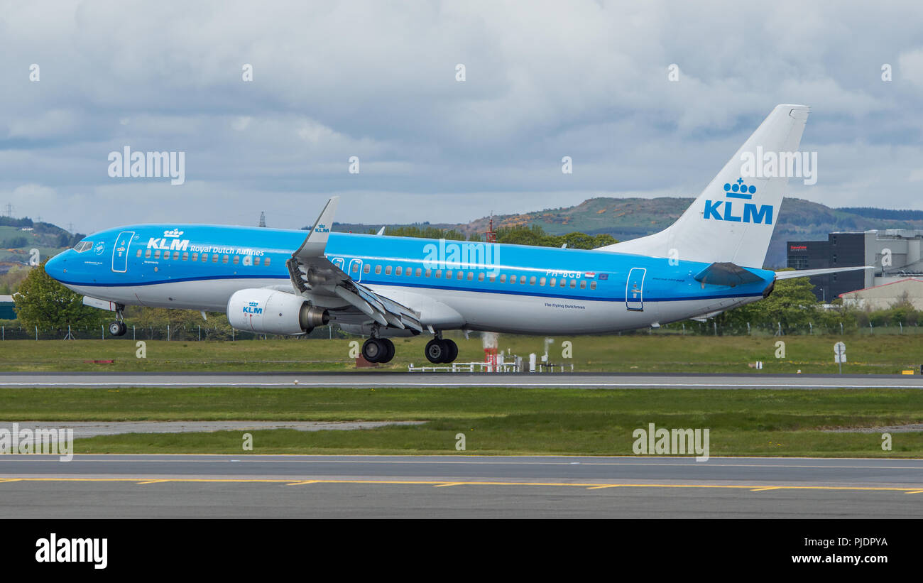 KLM flight from Amsterdam seen touching down at Glasgow International Airport, Renfrewshire KLM flight from Amsterdam seen touching down at Glasgow International Airport, Renfrewshire