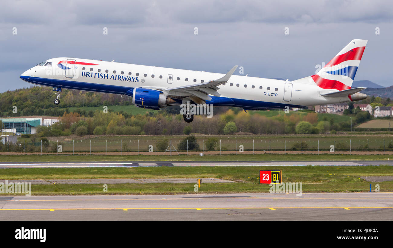 British Airways shuttle from London seen arriving at Glasgow International Airport, Renfrewshire, Scotland. Stock Photo