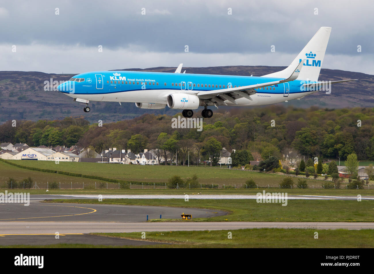 KLM flight from Amsterdam seen touching down at Glasgow International Airport, Renfrewshire KLM flight from Amsterdam seen touching down at Glasgow International Airport, Renfrewshire