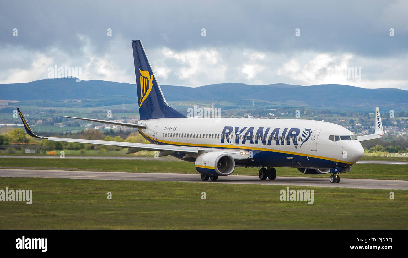 Ryanair flight seen leaving Glasgow International Airport, Renfrewshire, Scotland. Stock Photo