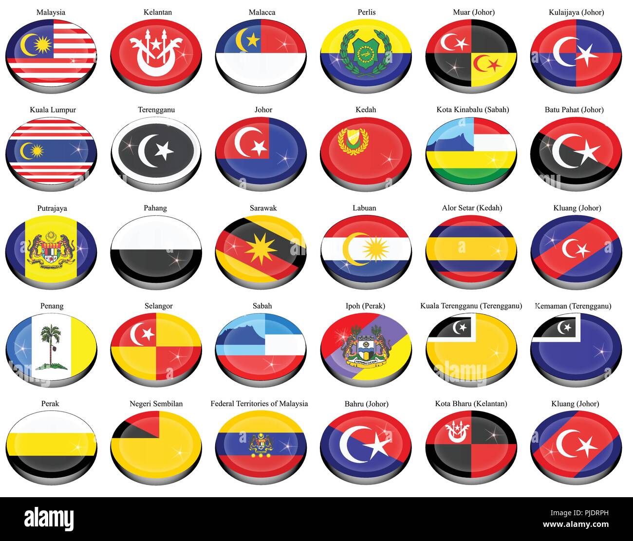 Set of icons. Flags of the Malaysian states and cities. Vector. Stock Vector