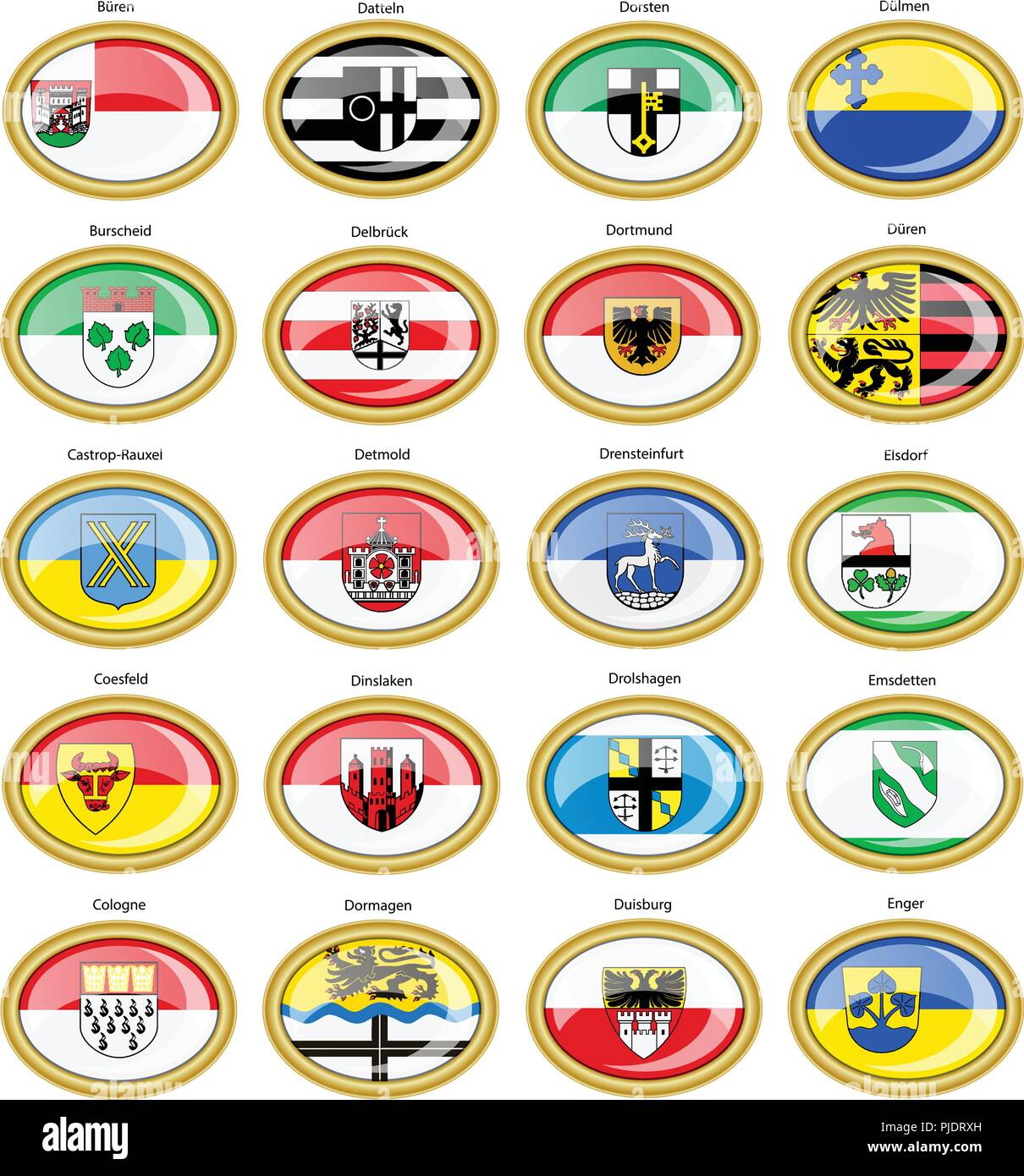 Set of icons. Flags of german cities (North Rhine-Westphalia). Vector. 3D. Stock Vector