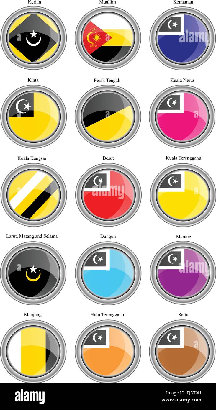 Set of icons. Flags of the Malaysian districts. Vector. Stock Vector