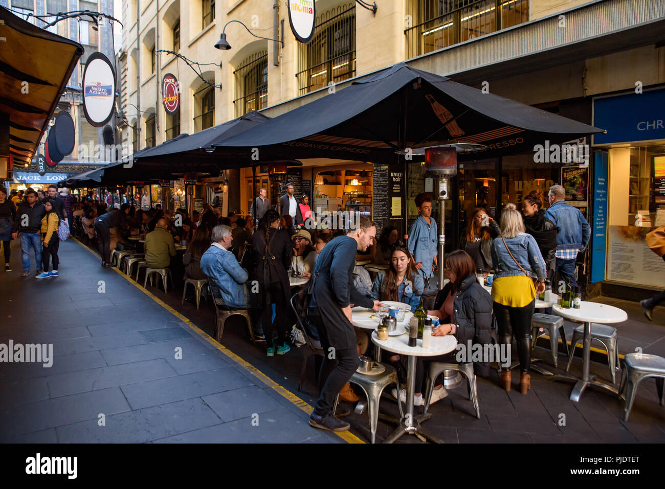 Degraves Street in Melbourne, Australia, the laneway full of cafe