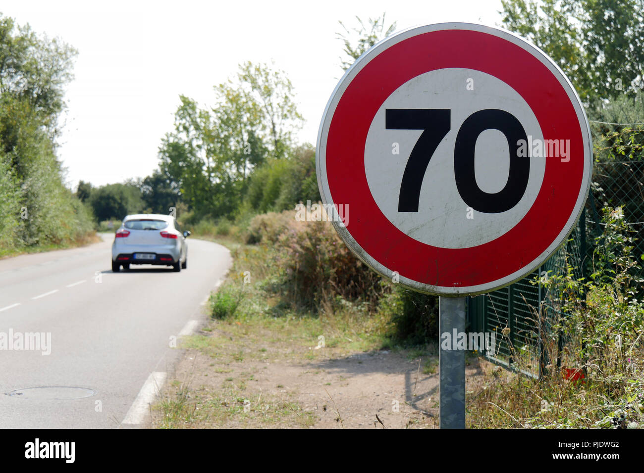 a limit speed at 70 km/h on the french roads Stock Photo - Alamy