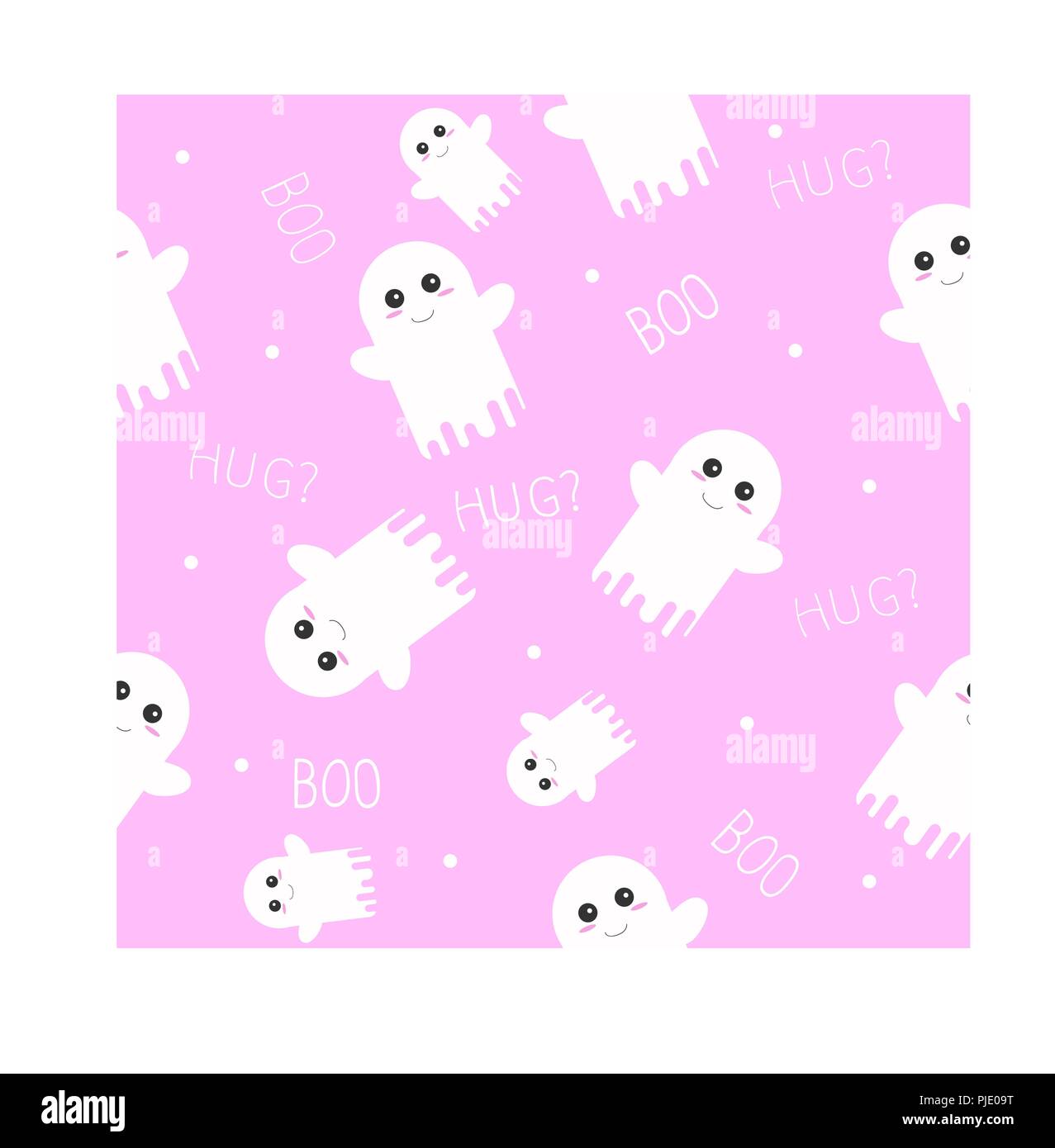 Cute Ghost Halloween Seamless Pattern with Boo and Hug Texts. Stock Vector