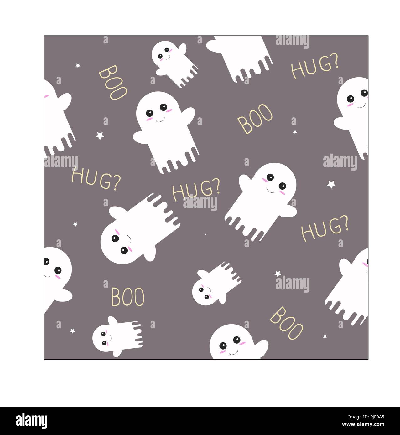Cute Ghost Halloween Seamless Pattern with Boo and Hug Texts. Stock Vector