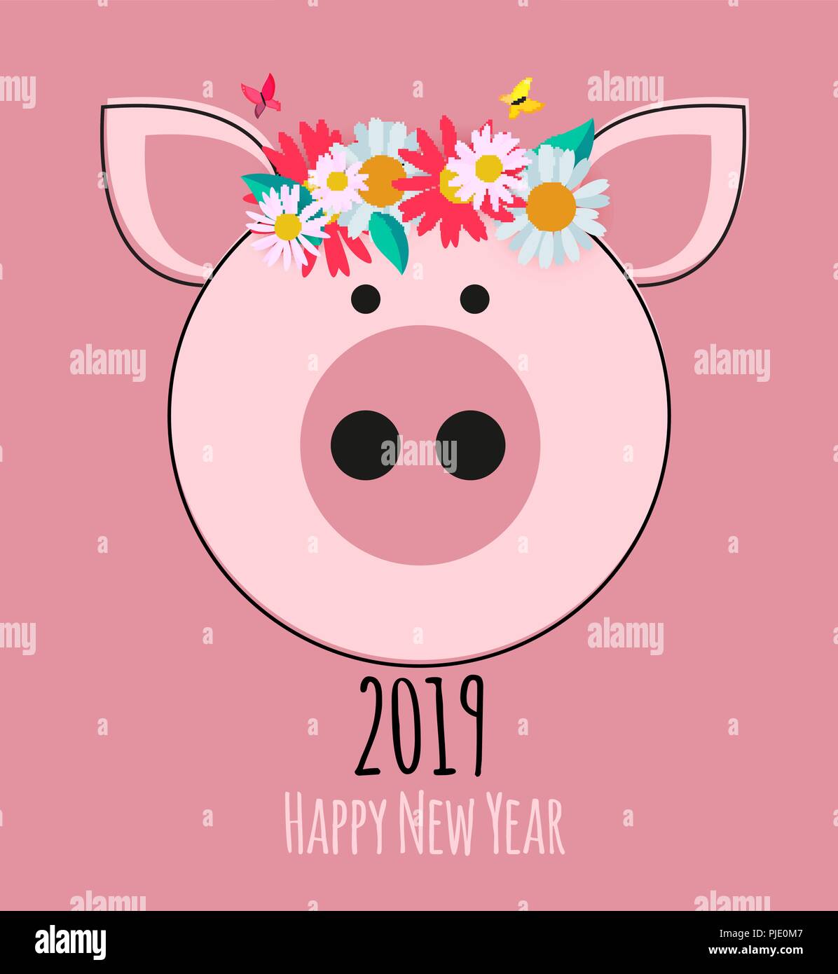 Happy New Year 2019 cute card design with cartoon pig. Vector ...