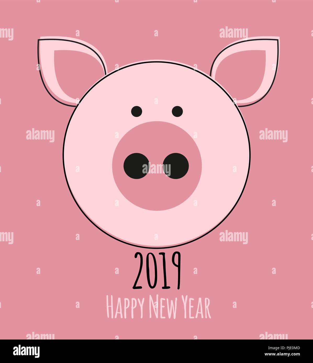 Happy New Year 2019 cute card design with cartoon pig. Vector ...