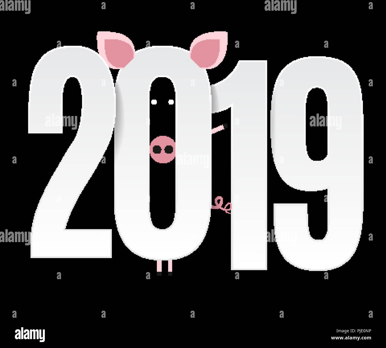 Happy New Year 2019 cute card design with cartoon pig. Vector ...