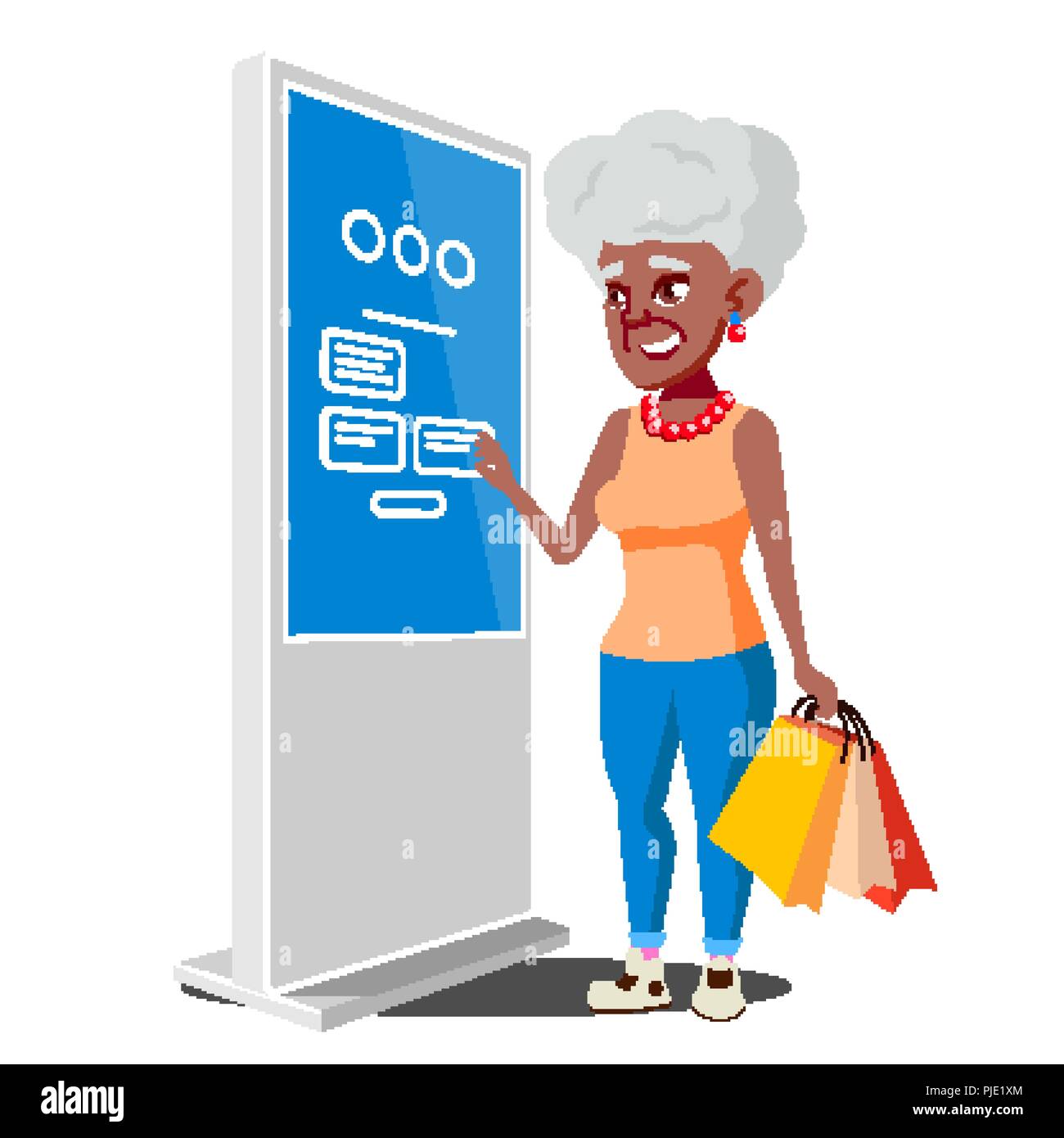 Old Woman Using ATM, Digital Terminal Vector. Showcasing Information, Advertising. Isolated Flat Cartoon Illustration Stock Vector