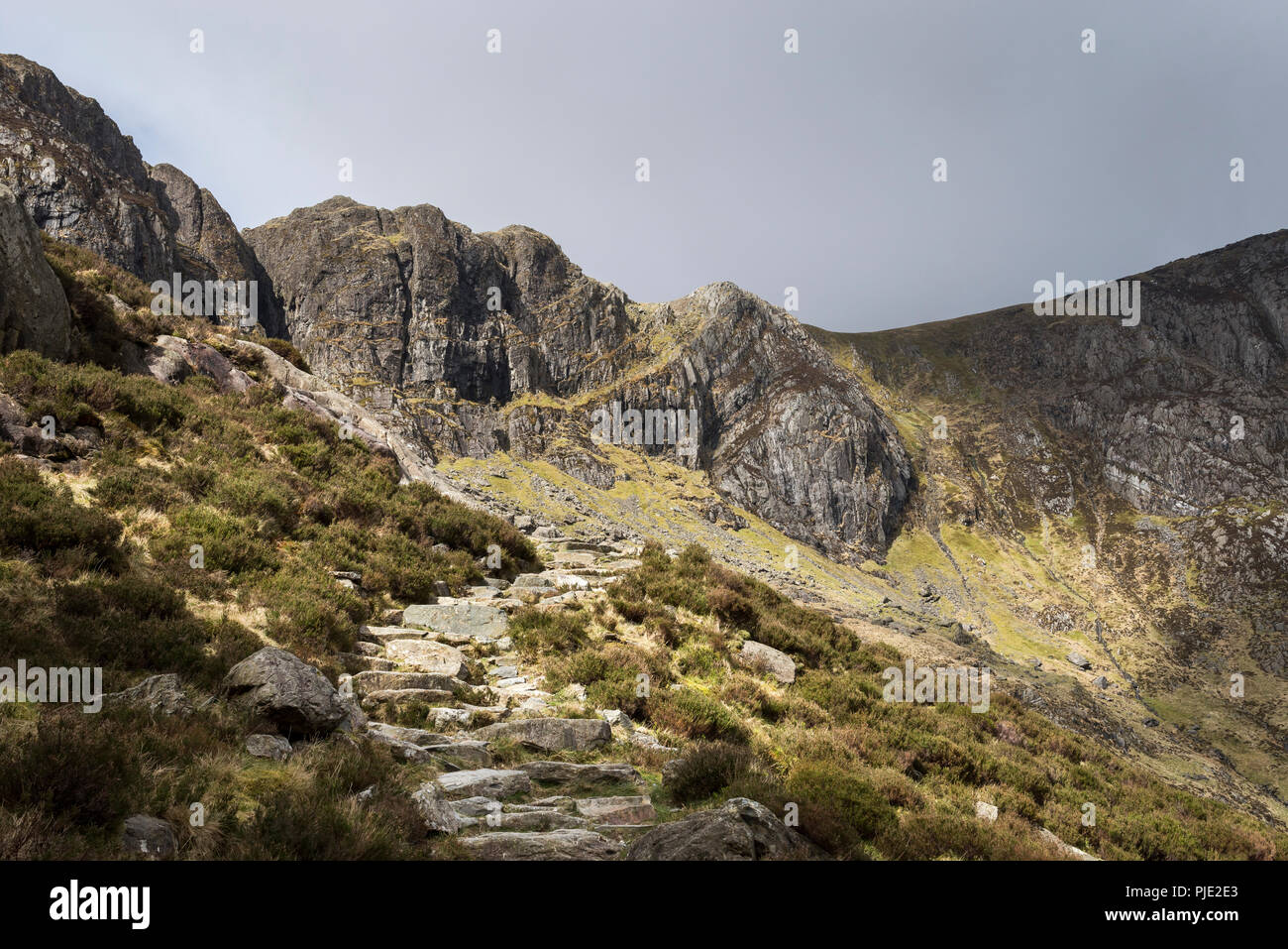 Rugged path leading up to the Devil's Kitchen at Cwm Idwal, Snowdonia national park, North Wales. Stock Photo