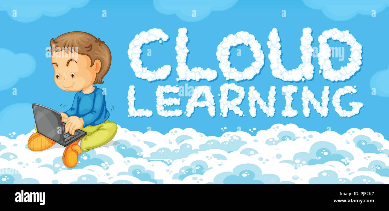 A young man with cloud learning template illustration Stock Vector