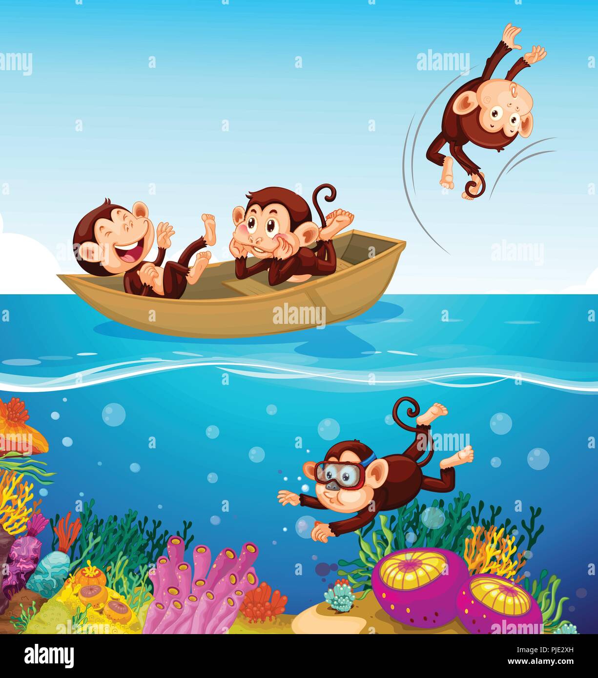 Happy monkey at the sea illustration Stock Vector