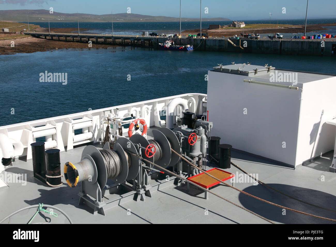 Windlasses and capstans on the rear deck of the car ferry Hamnavoe, Stromness, Orkney Islands, Scotland. Stock Photo