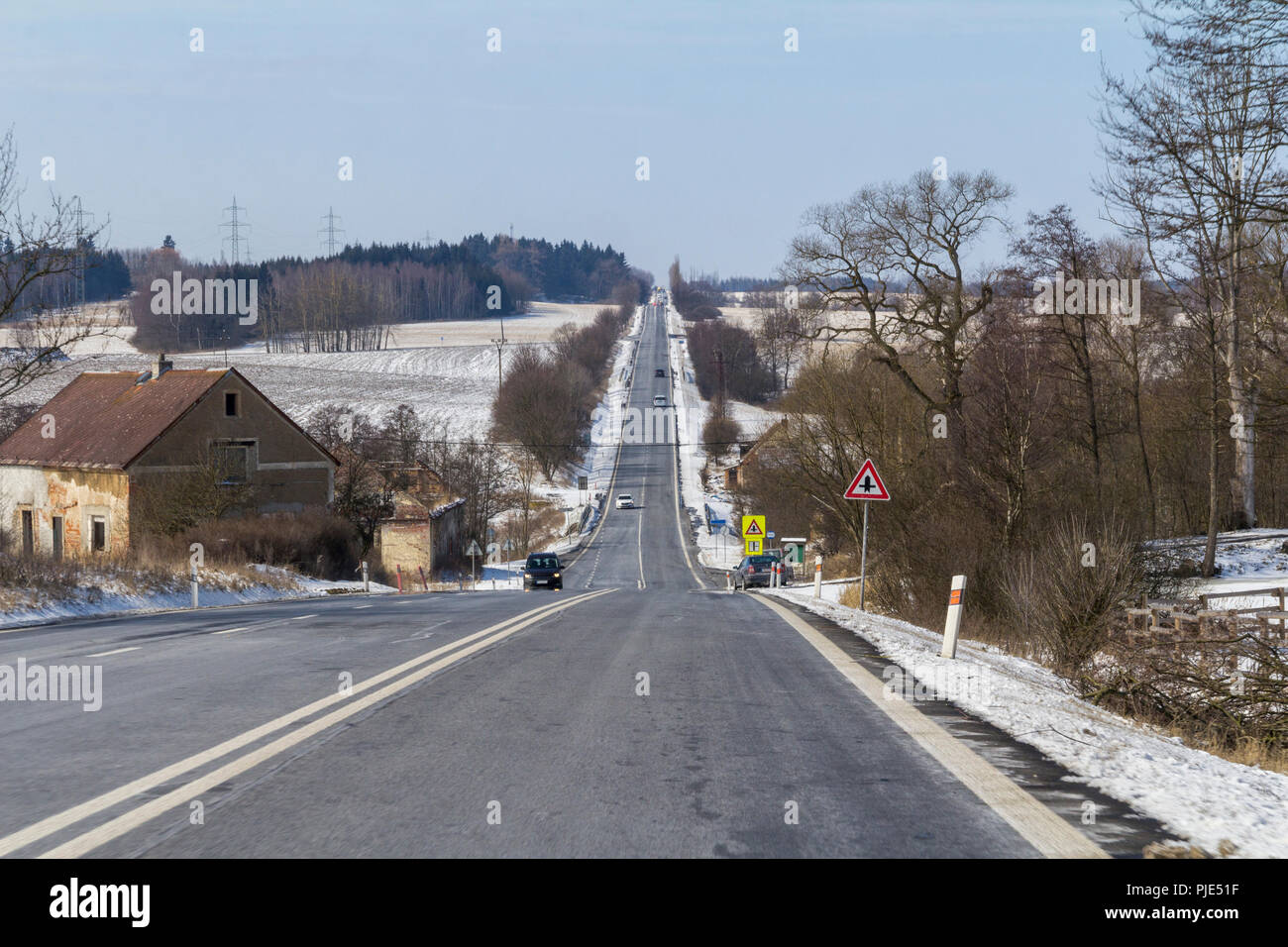roadside scenery in the Czech Republic at winter time Stock Photo