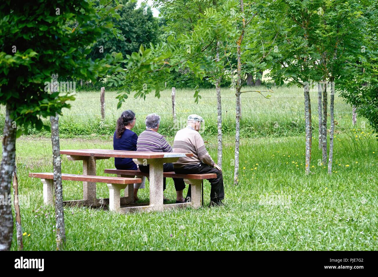Three elderly people sitting on bench in the French countryside near Mansle, Charente Poitou south west France EU Stock Photo