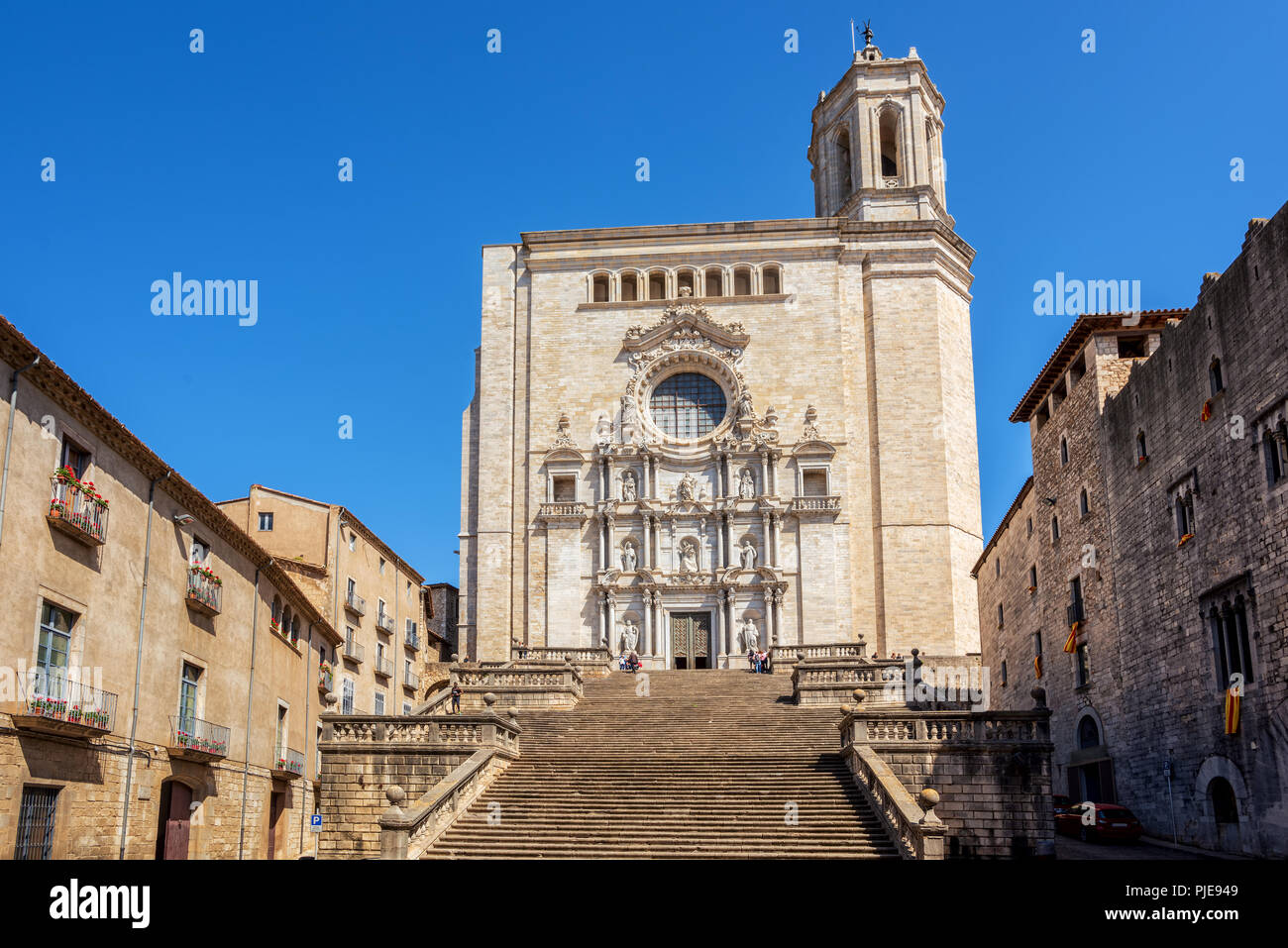 The main facade of the gothic style medieval Cathedral of Saint Mary in Girona Old Town, Catalonia, Spain Stock Photo