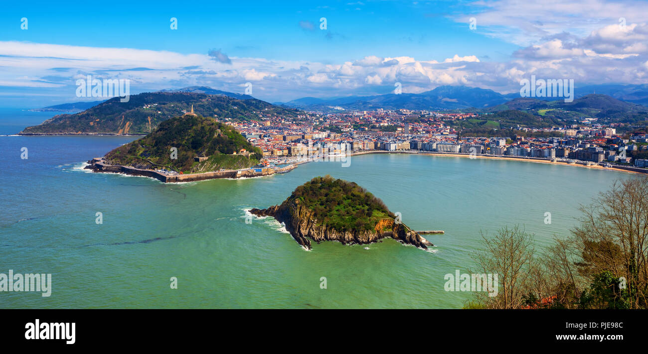 San Sebastian - Donostia city, Basque country, Spain, panoramic view of La Concha bay, Pyrenees mountains and Atlantic ocean Stock Photo